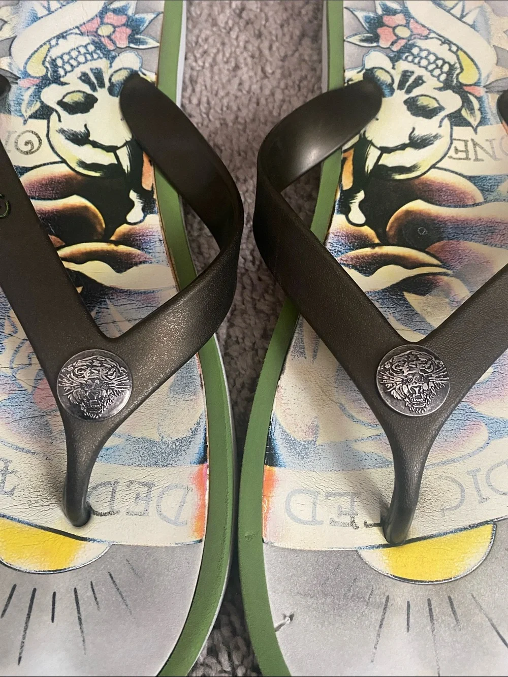 Vintage Ed Hardy Tattoo-Print Flip Flops in Green and Black